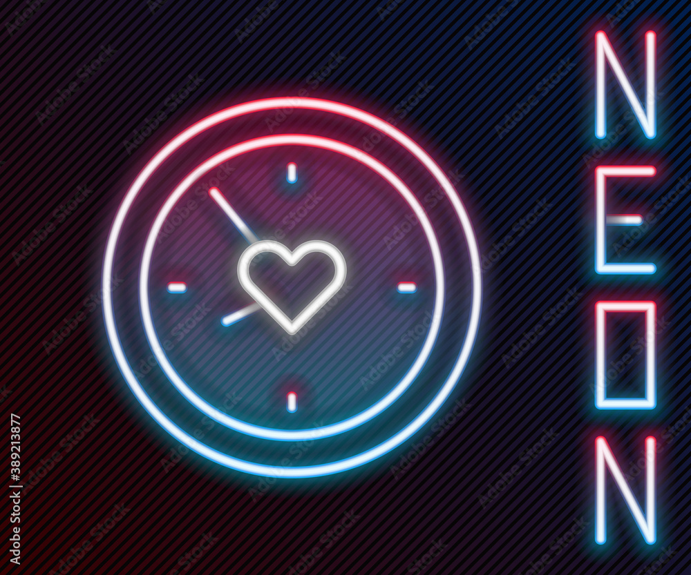 Glowing neon line Clock with heart icon isolated on black background. Valentines day. Love symbol. C