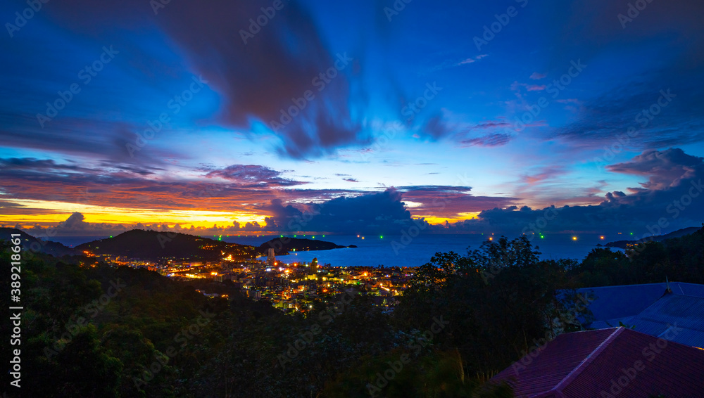 Landscape nature view sunset time Aerial view with Tropical sea and patong city in phuket thailand M