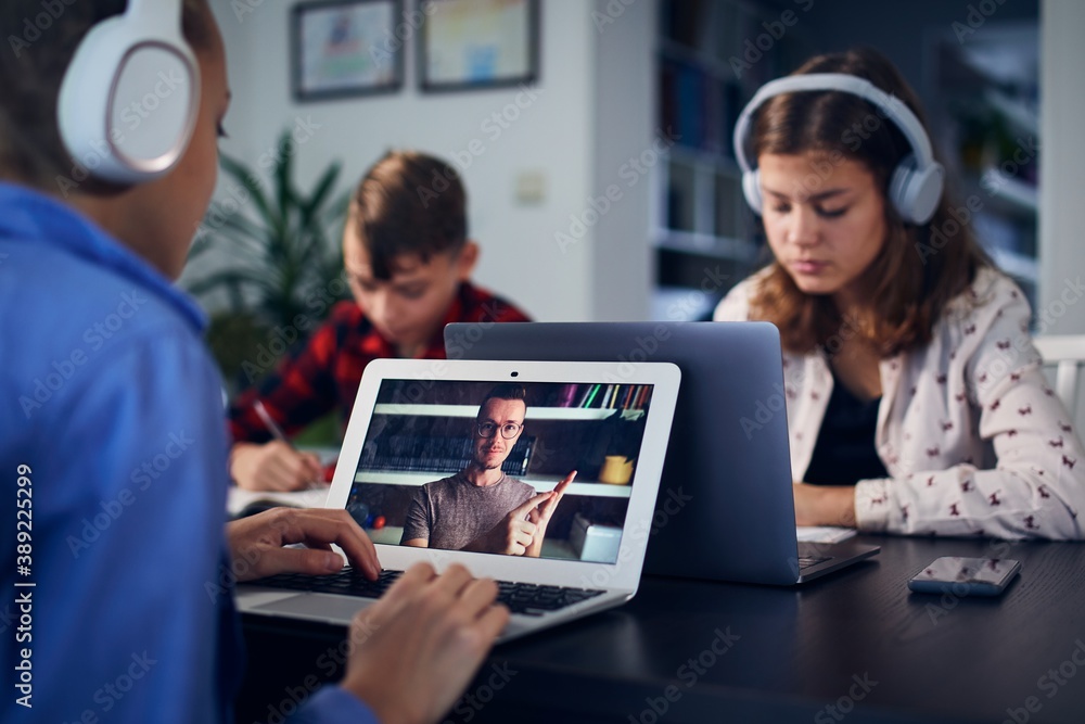 Online school lesson. Children learning via internet with laptops at home.