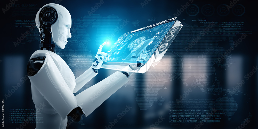 Robot humanoid use mobile phone or tablet in concept of AI thinking brain , artificial intelligence 