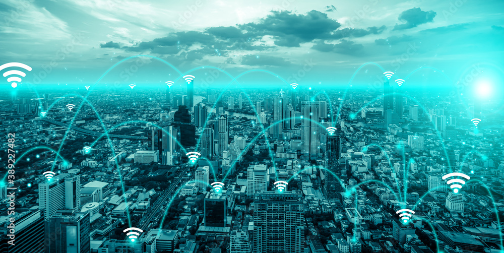 Advanced communication and global internet network connection in smart city . Concept of future 5G w