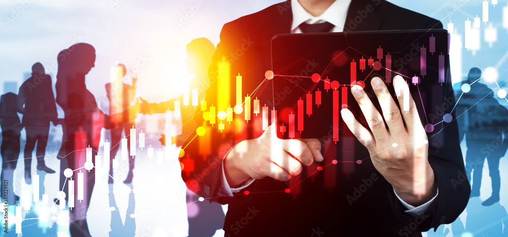 Abstract image of many business people together in group on background of city view with office buil