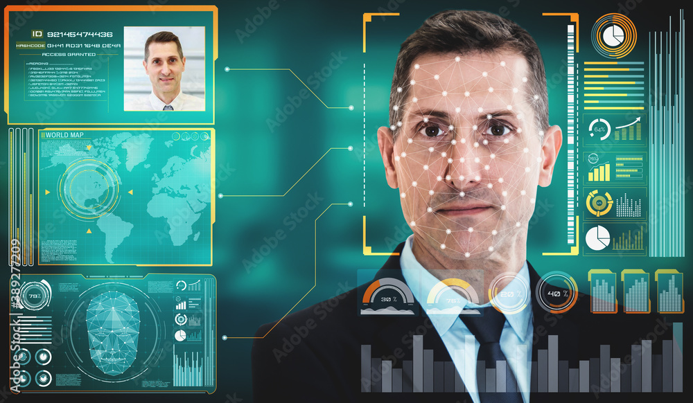 Facial recognition technology scan and detect people face for identification . Future concept interf