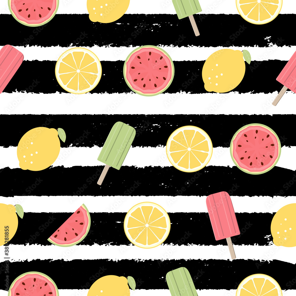 Seamless Pattern with Lemon, Watermelon Fruits and Ice Cream. Vector Illustration