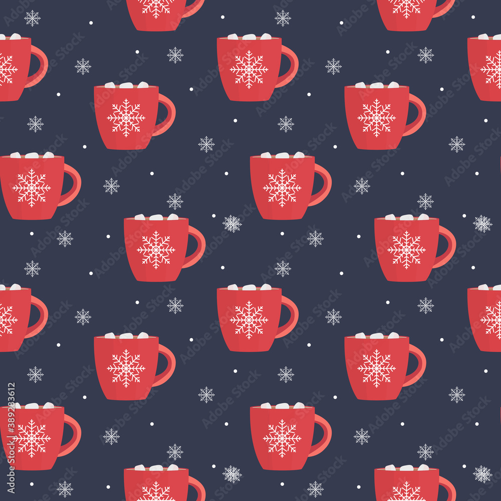 Hot chocolate seamless pattern winter snowflake Background. Vector Illustration