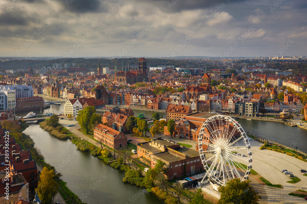 Aerial view of the Gdansk city at the Motlawa river with amazing architecture,  Poland