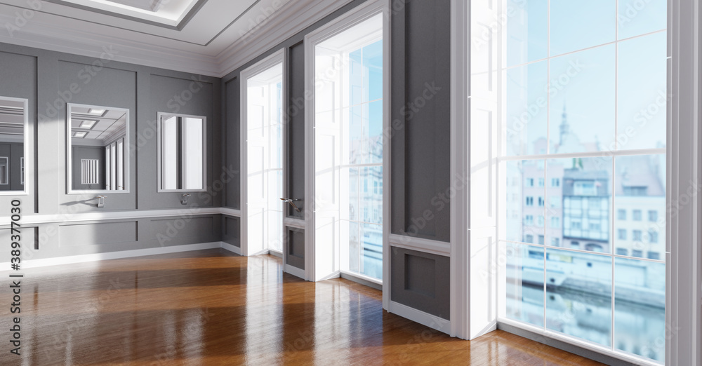 Classic empty interior apartment with wooden floor