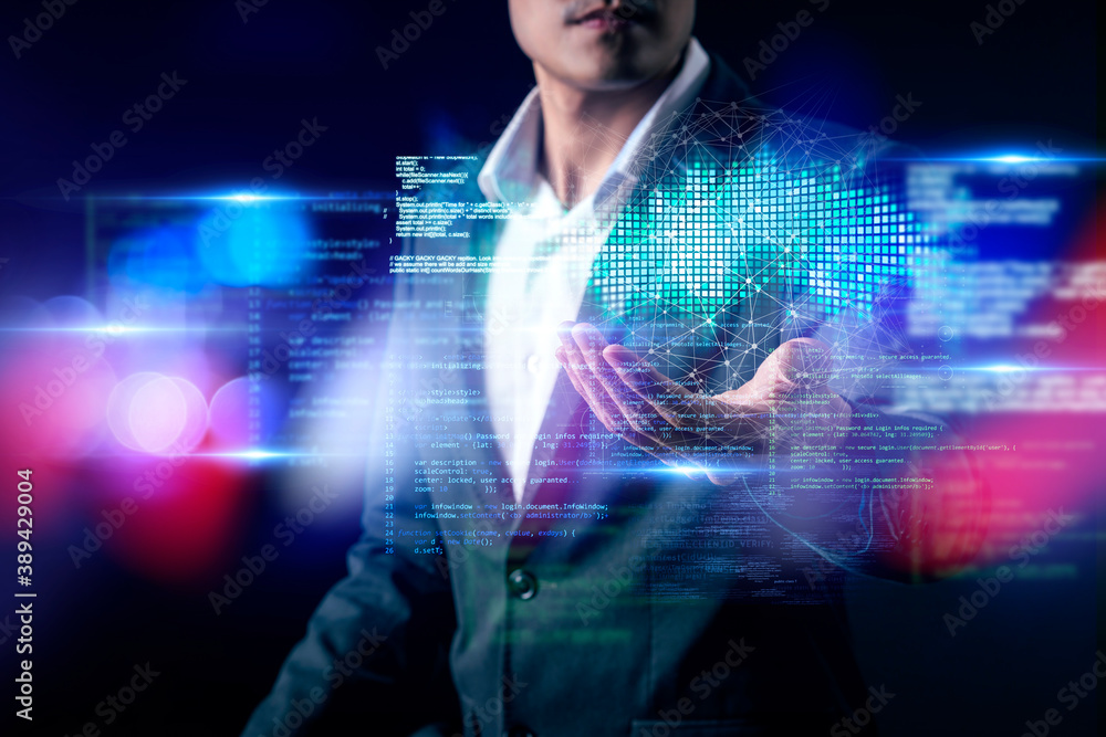 Man and digital technology, Asian CEO business man hand on cyber world digital screen in colorful li