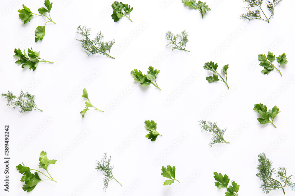 Fresh parsley and dill on white background