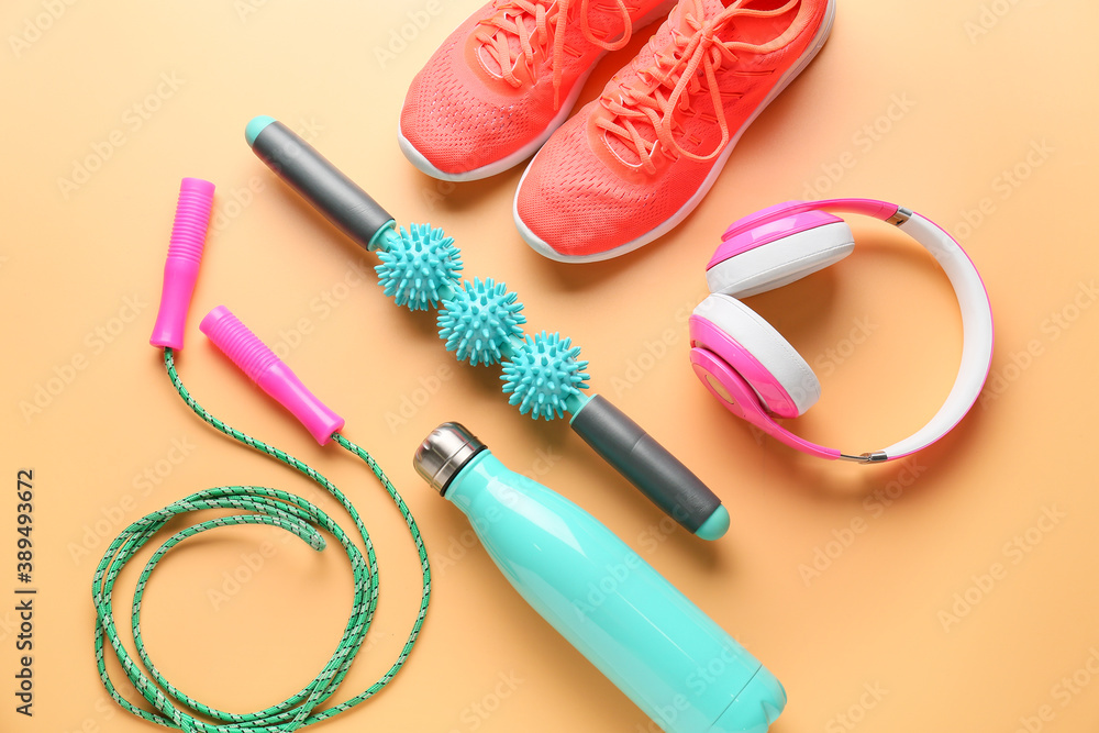 Sports equipment with body roller on color background