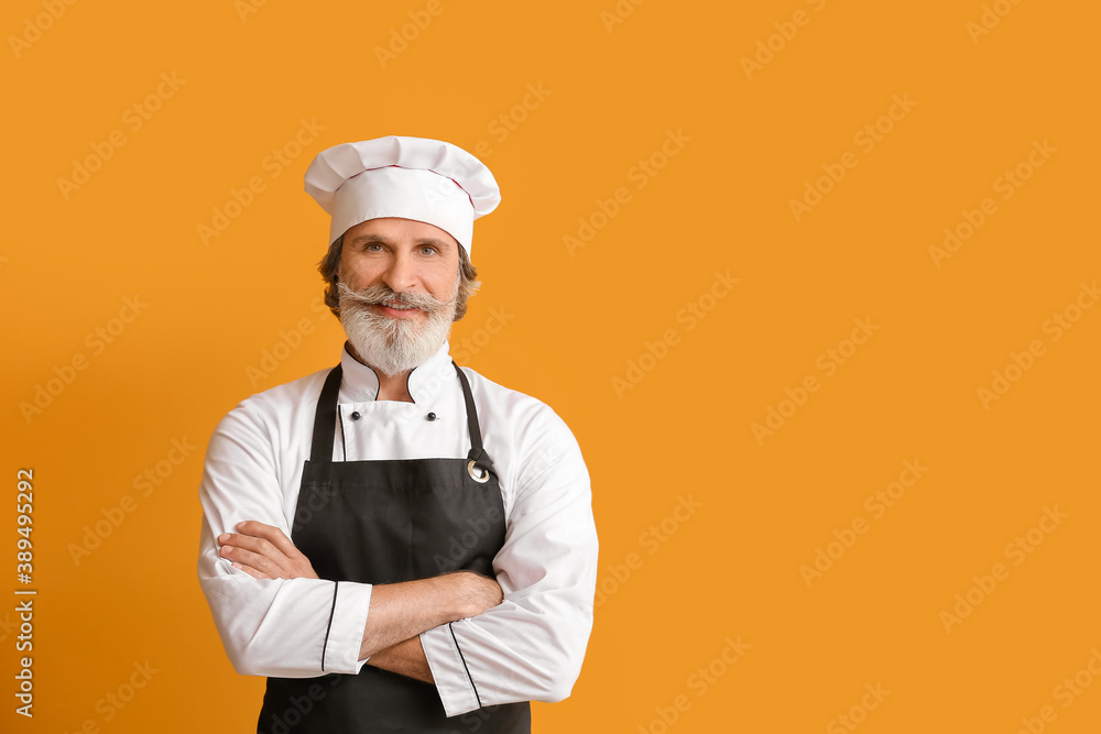 Mature male chef on color background