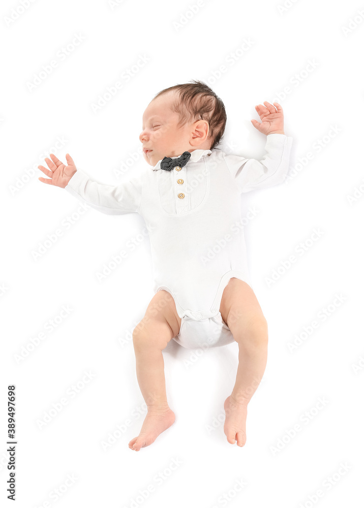 Cute little baby lying on white background