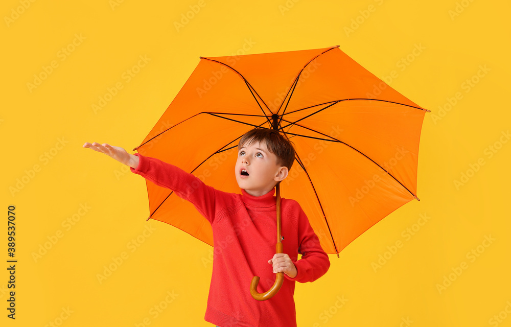 Cute little boy in autumn clothes and with umbrella on color background