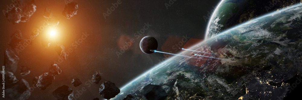 Panoramic space planets background. Panorama of distant solar system with exoplanets 3D rendering el