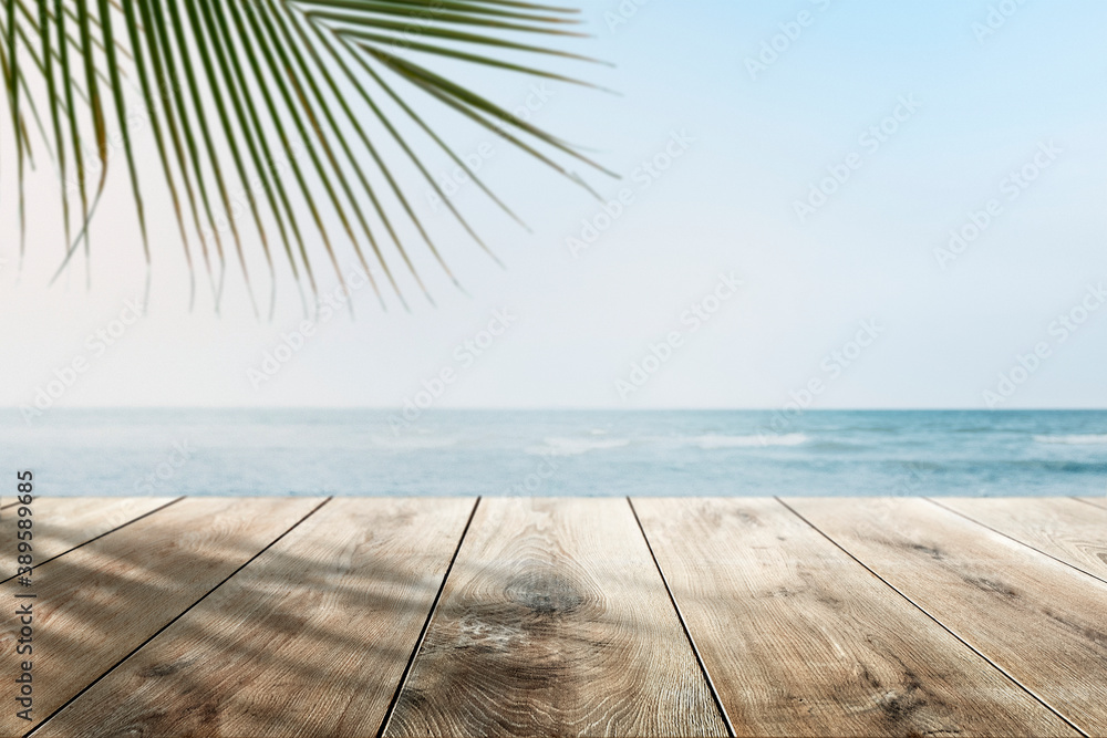 Beach product backdrop with wooden counter