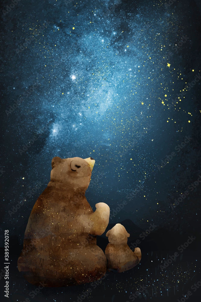 Father and son bear watching the galaxy