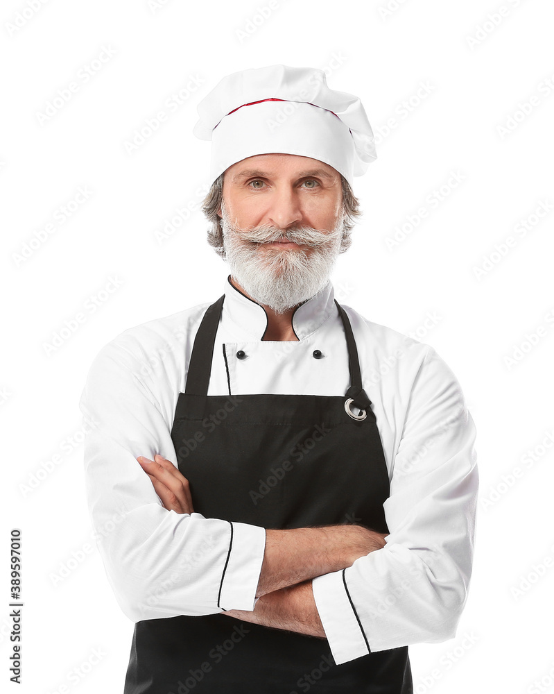 Mature male chef on white background