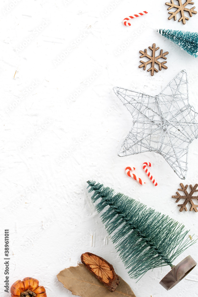 Top view of Christmas holiday background. Composition of festive ornament decor flatlay.