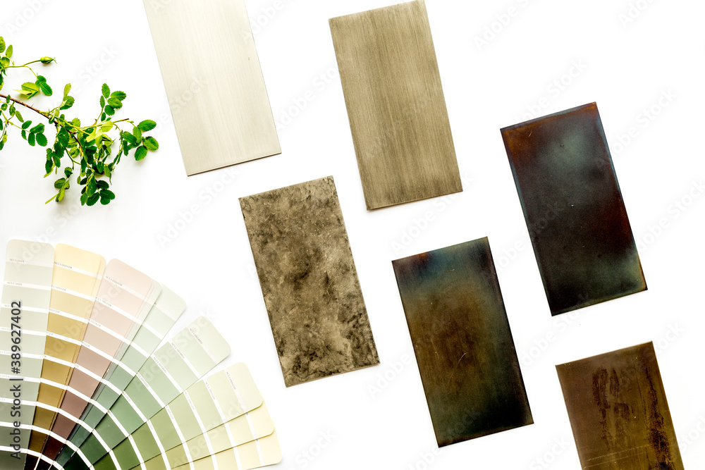 Selection of ceramic stoneware and marble wooden samples for designer interior