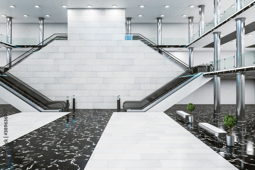 Modern airport interior with escalator