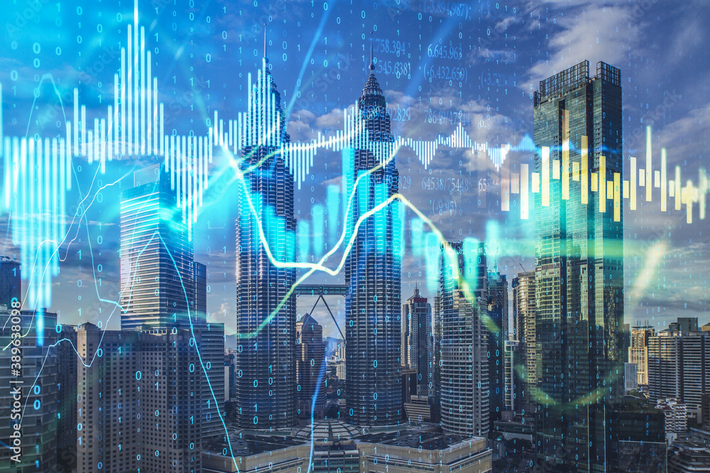 Growing stock chart with business statistics on blurry city background.