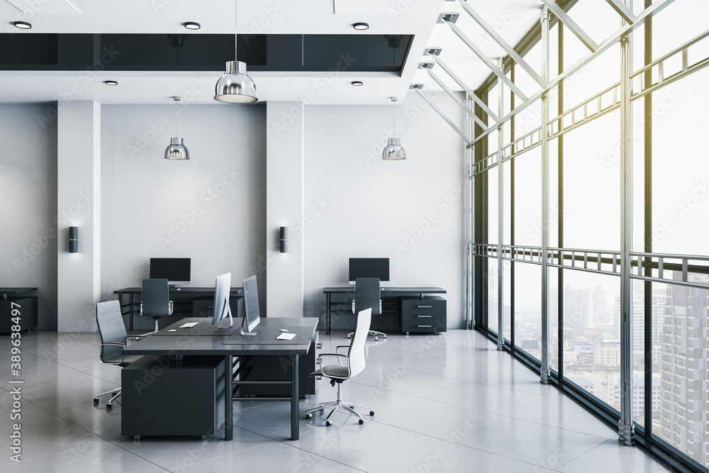 Bright office interior with city view