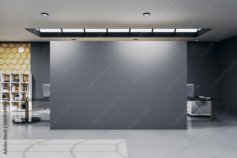 Luxury office hall with blank gray wall.