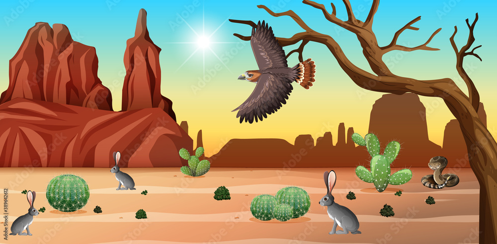 Desert with rock mountains and desert animals landscape at day time scene