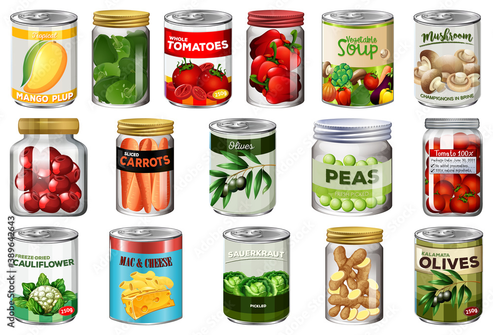 Set of different canned food and food in jars isolated