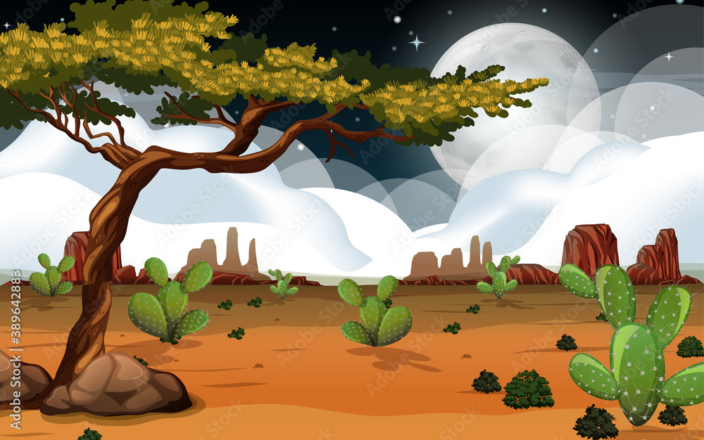 Wild desert landscape at night scene