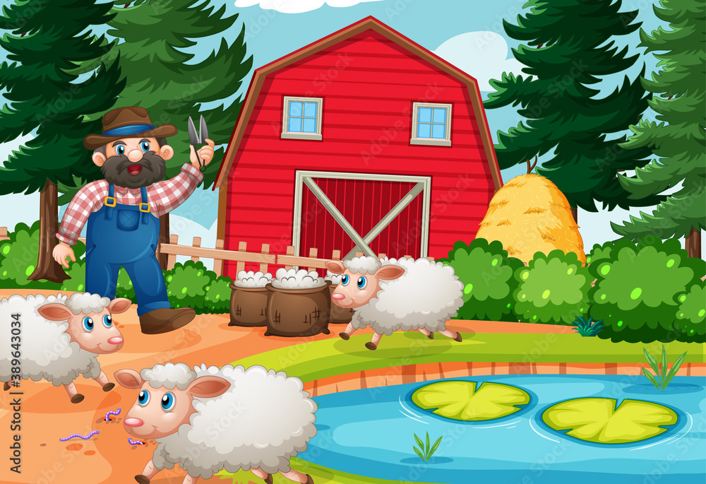 Farmer with animal farm in farm scene in cartoon style