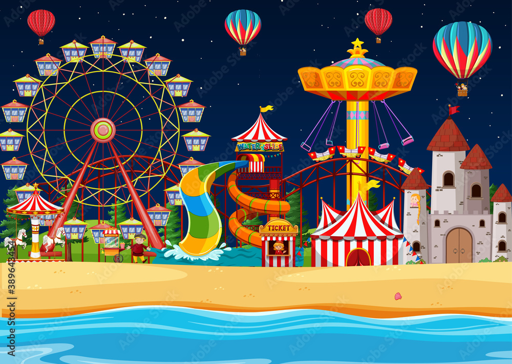 Amusement park with beach side scene at night with ballons in the sky