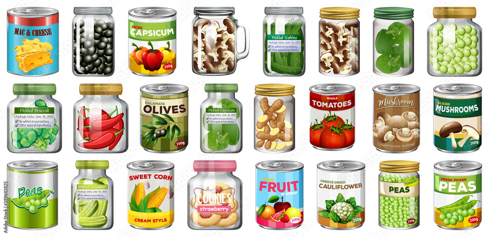 Set of different canned food and food in jars isolated