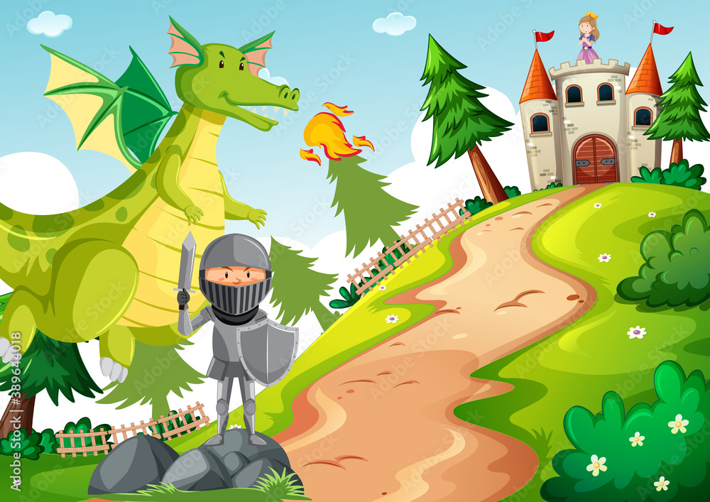 Knight with dragon in fairytale land scene