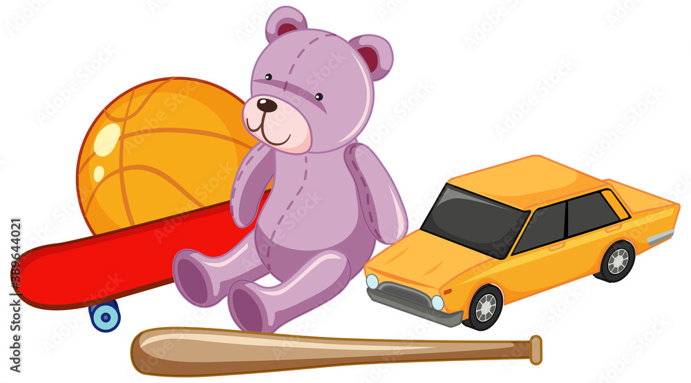 Group of children toys such as teddy bear and ball and car toy