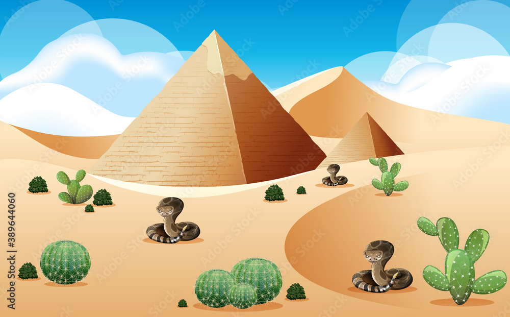 Desert with pyramid and rattlesnakes landscape at day time scene