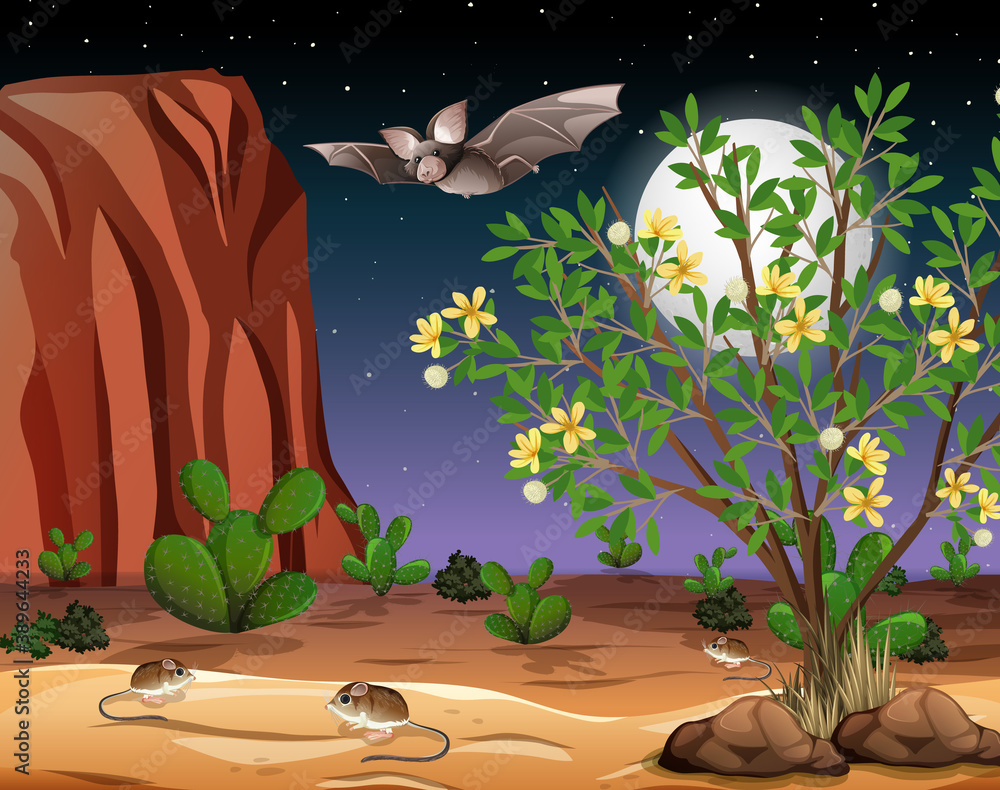 Wild desert landscape at night scene