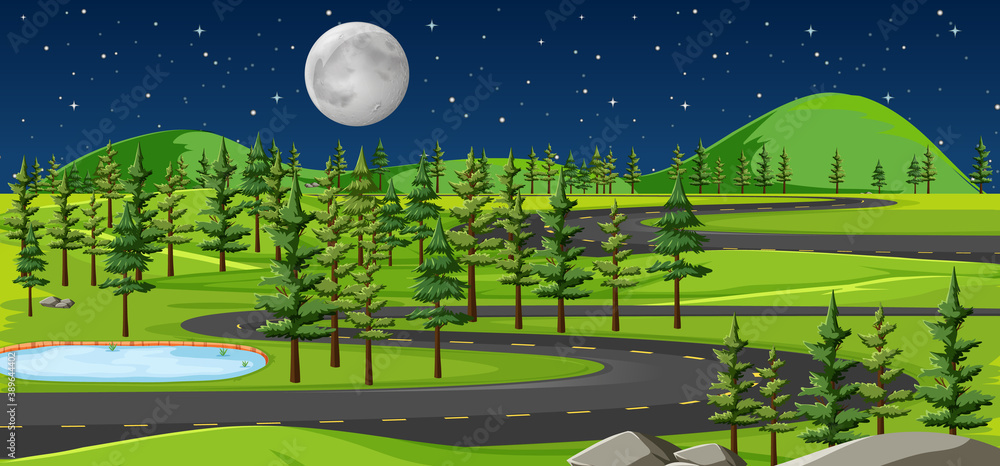 Long road in nature landscape at night scene