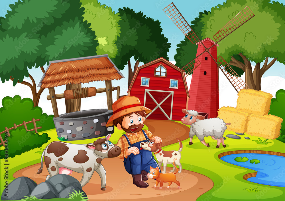 Farm with red barn and windmill scene