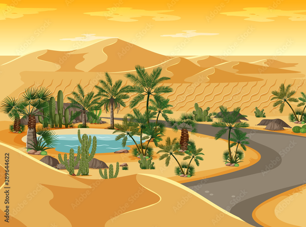 Desert oasis with long road landscape scene