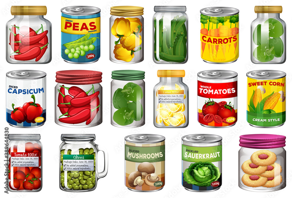 Set of different canned food and food in jars isolated