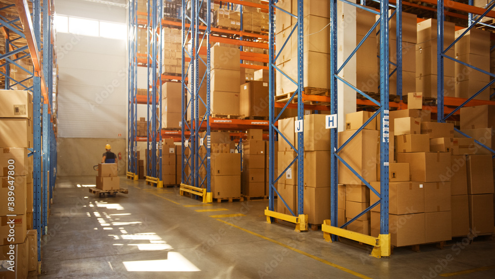 Worker Moves Cardboard Boxes using Manual Pallet Truck, Walking between Rows of Shelves with Goods i