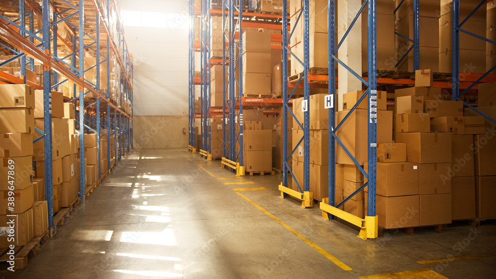 Gigantic Sunny Retail Warehouse full of Shelves with Goods in Cardboard Boxes. Logistics and Distrib