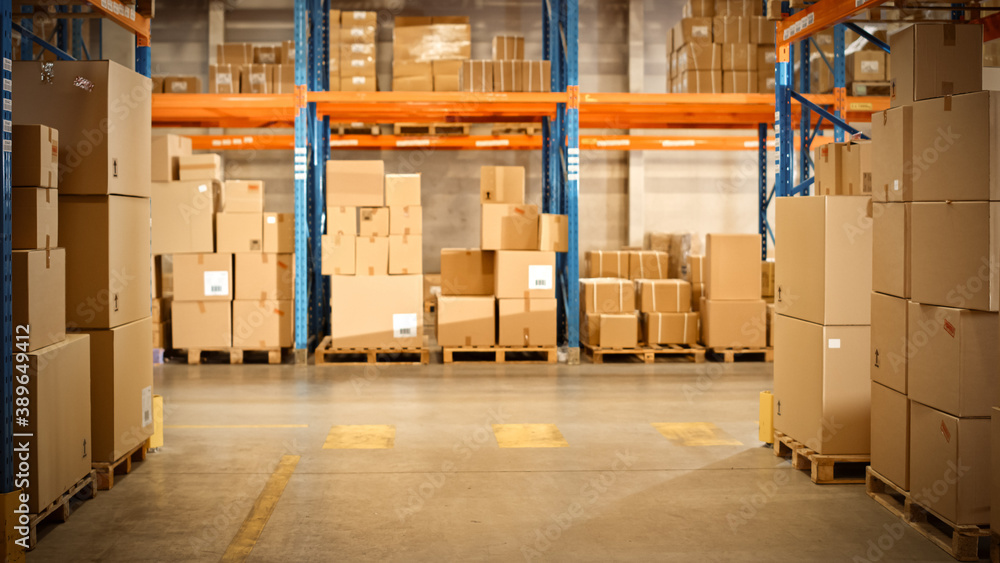 Gigantic Sunny Retail Warehouse full of Shelves with Goods in Cardboard Boxes. Logistics and Distrib