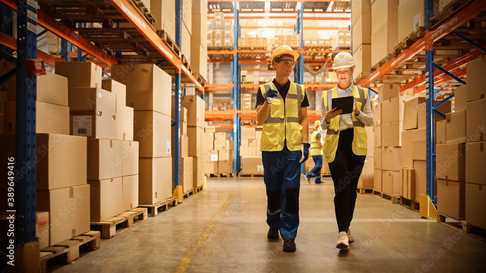 Retail Warehouse full of Shelves with Goods in Cardboard Boxes, Male Worker and Female Supervisor Ho