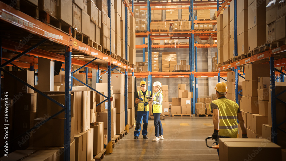 Retail Warehouse full of Shelves with Goods in Cardboard Boxes, Male and Female Managers Use Digital