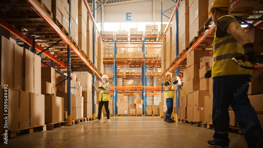 Retail Warehouse full of Shelves with Goods in Cardboard Boxes, Workers Scan and Sort Packages, Move