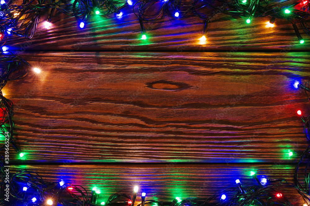 Christmas lights and vintage wood