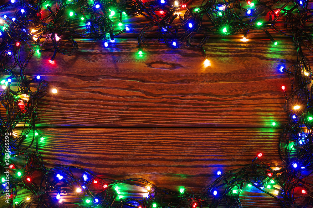 Christmas lights and vintage wood