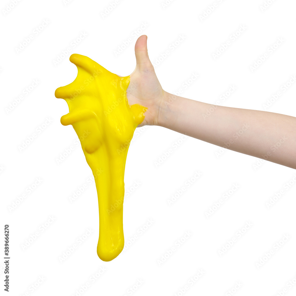 Child hand with sticky slime on white